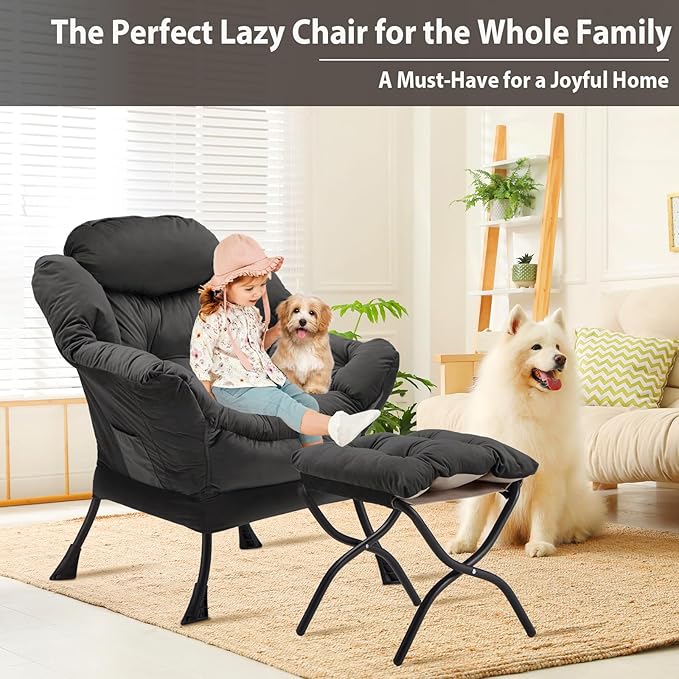 Lazy Chair with Folding Ottoman, Accent Chair Velvet Upholstered with Metal Structure and Non-Slip Pads, Sofa Armchair with Footrest and Side Storage Bag for Dorm, Office, Charcoal
