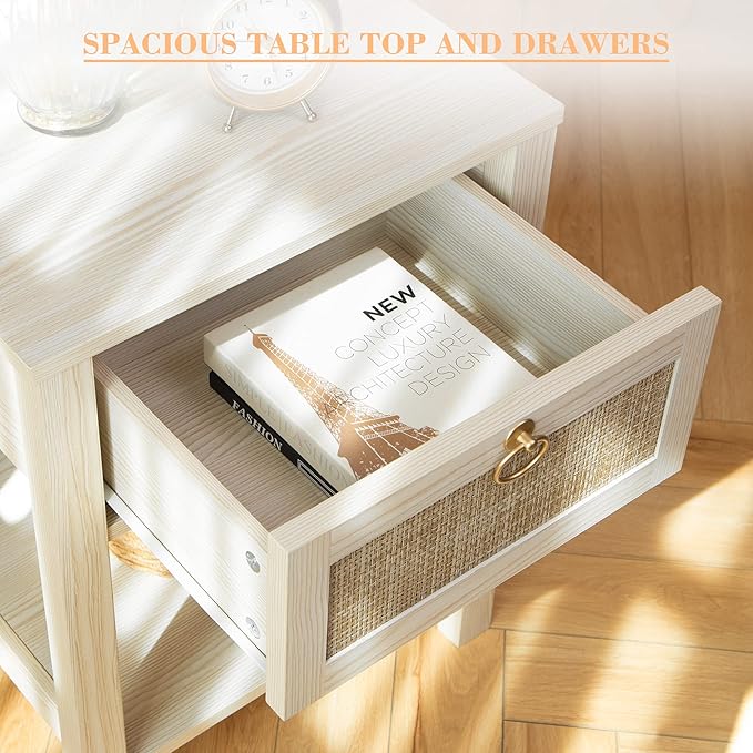 SICOTAS White Nightstand Set of 2,Rattan Decor Drawer with Brass Knobs Night Stand Wood Bedside Table Boho End Tables Side Tables with Storage Shelf