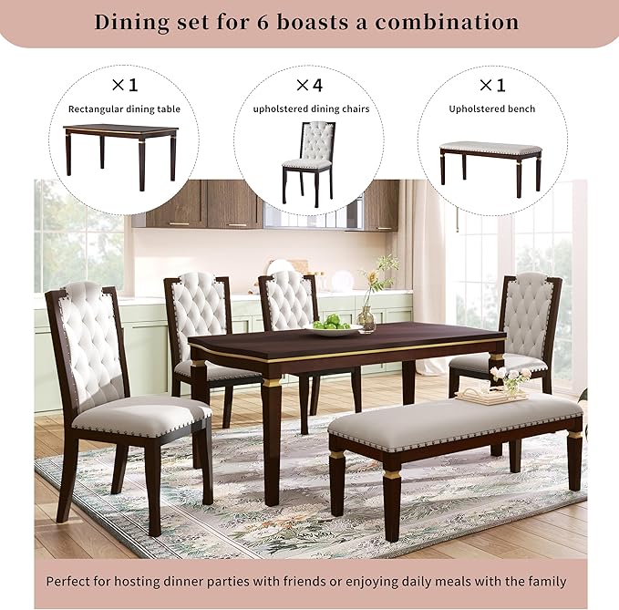 Ball & Cast Dining Table Set for 6,Kitchen Table W/ 4 High-Back Tufted Chairs & 1 Bench,5 Piece Dining Room Table Set W/ 60" Rectangular Table,for Kitchen, Living Room,Espresso
