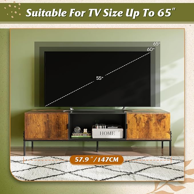 WLIVE Modern TV Stand for 65 Inch TV, Mid Century Entainment Center with Storage, TV Console with Open Shelf and 2 Cabinets for Bedroom and Living Room, TV Cabinet with Metal Legs, Rustic Brown