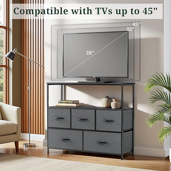TV Stand, 5 Fabric Drawers Dresser Entertainment Center for TV up to 45 inch Wooden Media Console Table Storage Organizer with Open Shelf, for Living Room, Bedroom, or Small Space, Gray