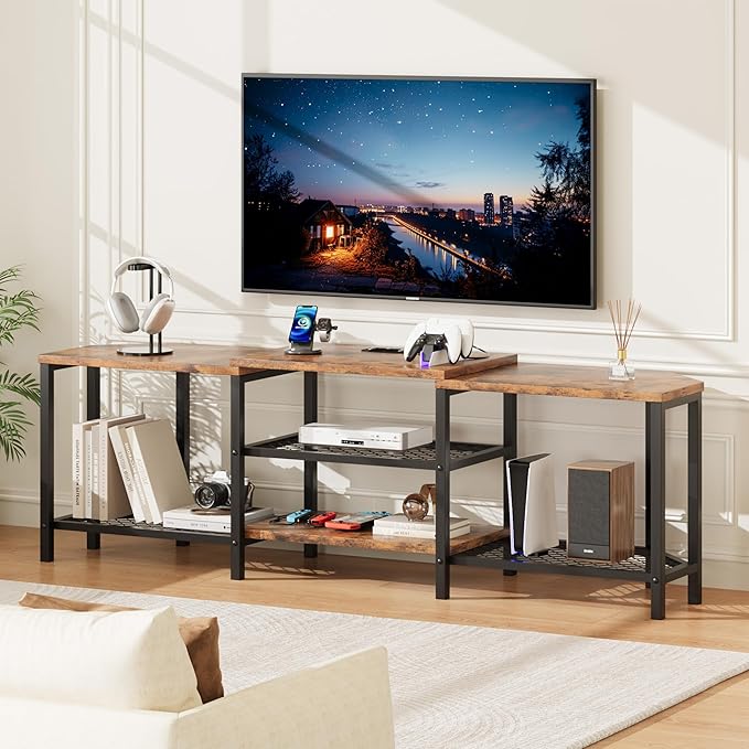 GarveeHome 67 Inch Large TV Stand with LED Lights for 55/65/75 Inch TV, Corner Entertainment Center with Power Outlets, 4 Open Storage Shelves, Media Console for Living Room, Bedroom, Vintage Brown