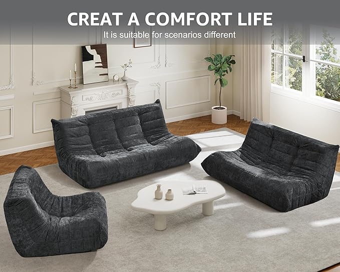 Hobestluk Bean Bag Chairs for Adults Giant Bean Bag Chair Memory Foam BeanBag Chair Bean Bag Sofa with Filler Faux Fur Fireside Beanbags Lazy Sofa for Living Room Bedroom (Darkgrey Chenille, 3-Seater)