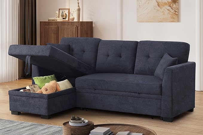 L Shaped Sectional Sleeper Sofa Couch with Pull Out Bed ,3 Seater Convertible Sectional Sofabed W/Reversible Chaise & Tufted Back Cushion ,Reversible Pullout Sofa Couch Bed for Living Room Office