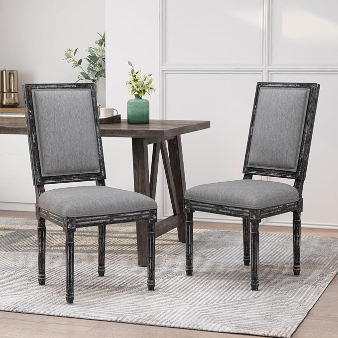 Merax Upholstered Solid Wood Dining Chairs Set of 2, French Country Style Accent Side Seating Furniture for Kitchen, Living Room, Cushioned Back, Grey