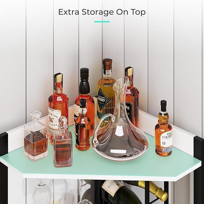 63” Tall Corner Bar Cabinet, Farmhouse Liquor Cabinet with Wine Rack (Holds 50+ Bottles), Glass Holder, Adjustable Shelves & Barn Door, Home Bar for Living Room/Kitchen, Ivory White