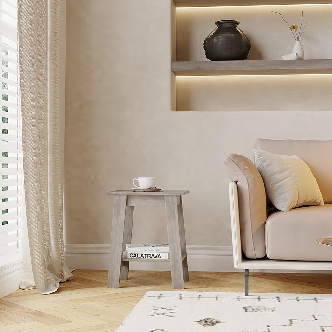 End Table with Double Storage Shelves, Small Space Side Table for Farmhouse Bedroom, Studio Apartment, Entryway, Grey