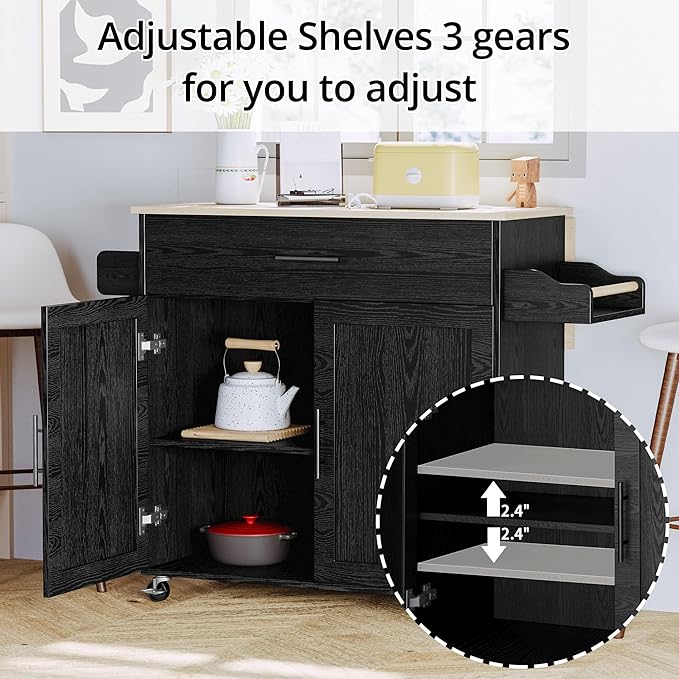 IRONCK Kitchen Island with Storage, Rolling Kitchen Island on Wheels with Drop Leaf, Charging Station, 3 Open Spice Rack, Cabinet, Drawer, Kitchen Cart Island Table for Kitchen, Black