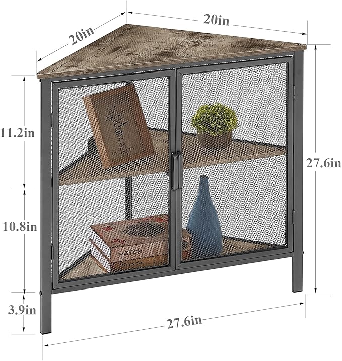 VECELO Corner Cabinet/Table, 3-Tier Shelves with Protection Door, Metal Frame Storage Shelf Organizer for Small Space, Living Room, Kitchen, Bathroom, Set of 1, Grey