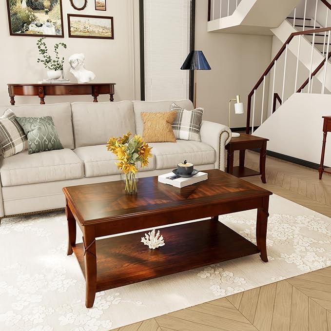 Solid Wood Coffee Table with Storage Shelf, Rectangle Coffee Table for Living Room, Mid-Century Living Room Table with Curved Legs, Large Countertop Cocktail Center Table, Cherry Walnut KFZ-DR200