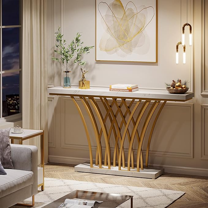 Tribesigns 59 inch Gold Console Table, Modern Entryway Table with Grid-Shaped Metal Base for Entrance, Hallway, Entryway, Living Room(White Faux Marble & Gold)