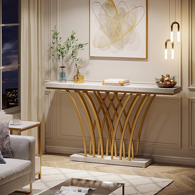 LITTLE TREE Narrow Entryway Console Table,Faux Marble White+Gold