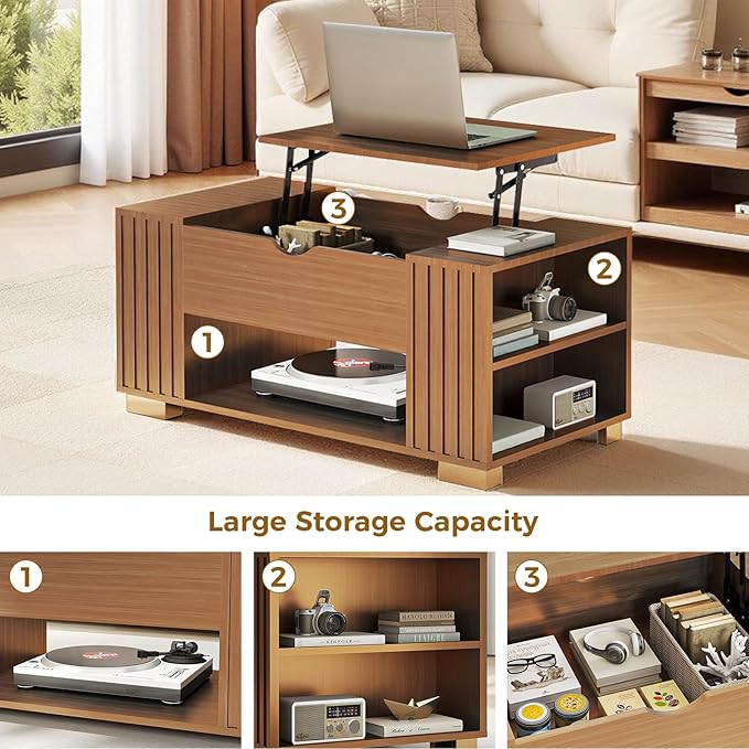 COMHOMA Lift Top Coffee Table for Living Room, 39" Center Table with Hidden Storage Compartment, Adjustable Wooden Tea Table for Small Spaces, Dark Walnut
