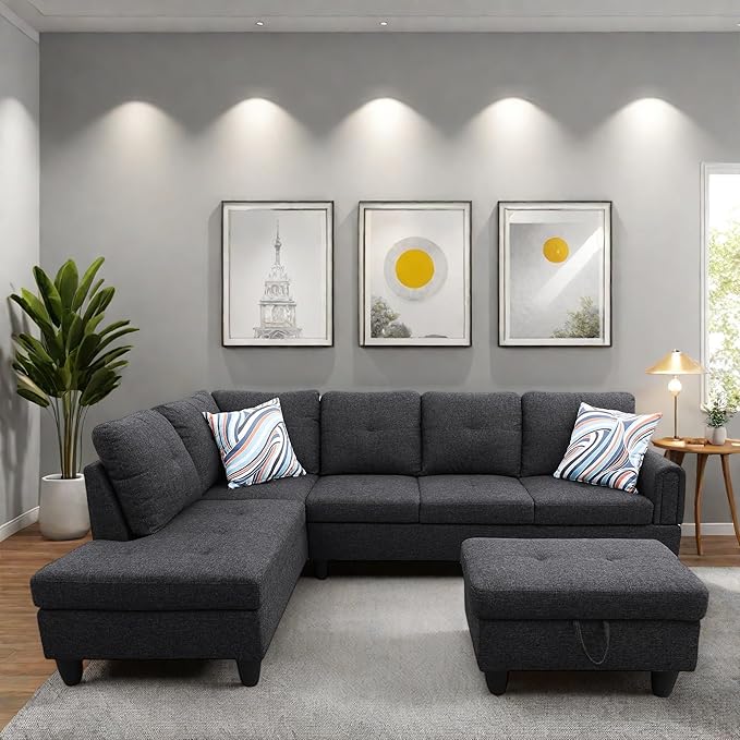 L Shaped Sectional Couches, Modern Modular Sectional Sofa for Living Room Bedroom Furniture, Comfy 4 Seat Couch with Ottoman Storage & Chaise, Black Gray
