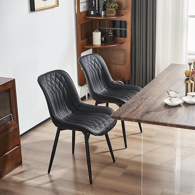 YOUNIKE Black Dining Chairs Set of 2 with High Backs Mid Century Modern Kitchen & Dining Room Chairs PU Faux Leather Upholstered Wide Seat Accent Chair Comfortable Large Padded Side Chair Metal Legs