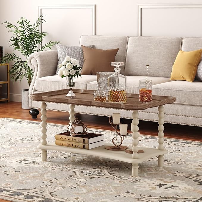 Function Home Farmhouse Coffee Table, Rustic White French Country Center Table with Storage Shelf, Wood Coffee Tables for Living Room Dining Room, Natural Tray Top and Vintage White Spindle Legs
