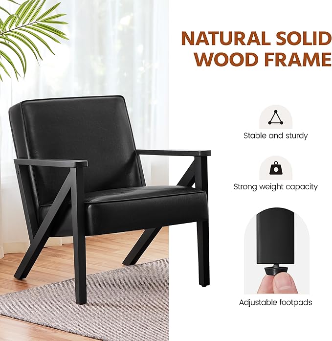 Yaheetech Accent Chair, Armchair with Strong Wood Frame, PU Leather Modern Retro Lounge Chair for Living Room/Lounge/Office/Reception Area, Black