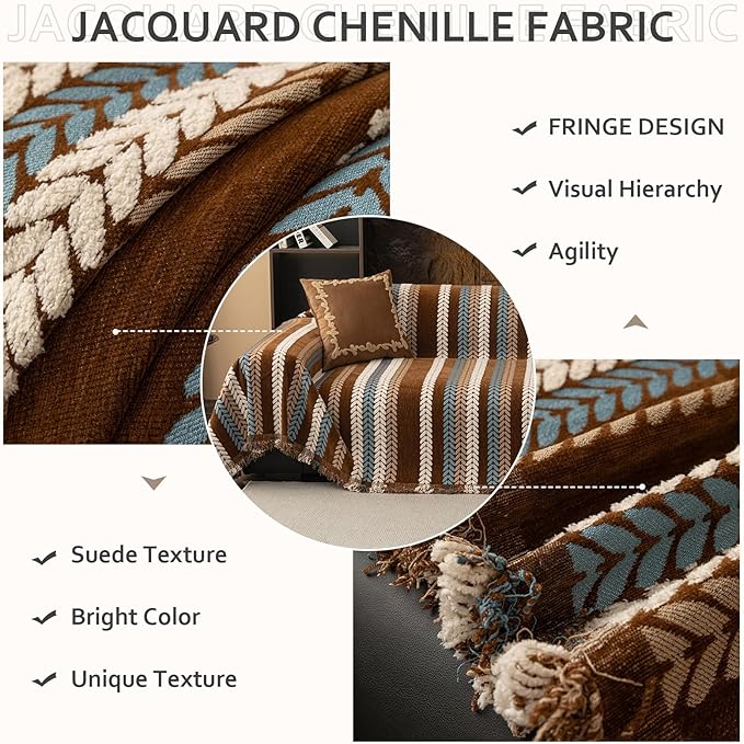STACYPIK Khaki Jacquard Leaves Sofa Cover, Vintage Couch Cover for Dogs, Washable Pet Protector for 3 Cushion Couch, Non-slip Chenille Sofa Covers for Loveseat, Boho Couch Cover for Sectional-71X134IN