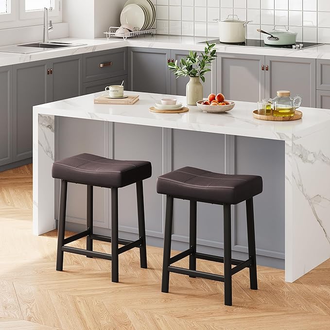 GarveeHome Counter Height Bar Stools Set of 4, 24 Inch Barstools for Kitchen Island Counter, Upholstered Padded Saddle Chairs with Curved Cushion, Easy Assembly, Brown