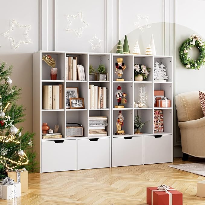 GarveeHome 55 Inches Tall Bookcase with 2 Drawers, Open Storage Bookshelf with 4 Tier Adjustable Shelves, Large Open Book Cabinet Standing for Home Office, White
