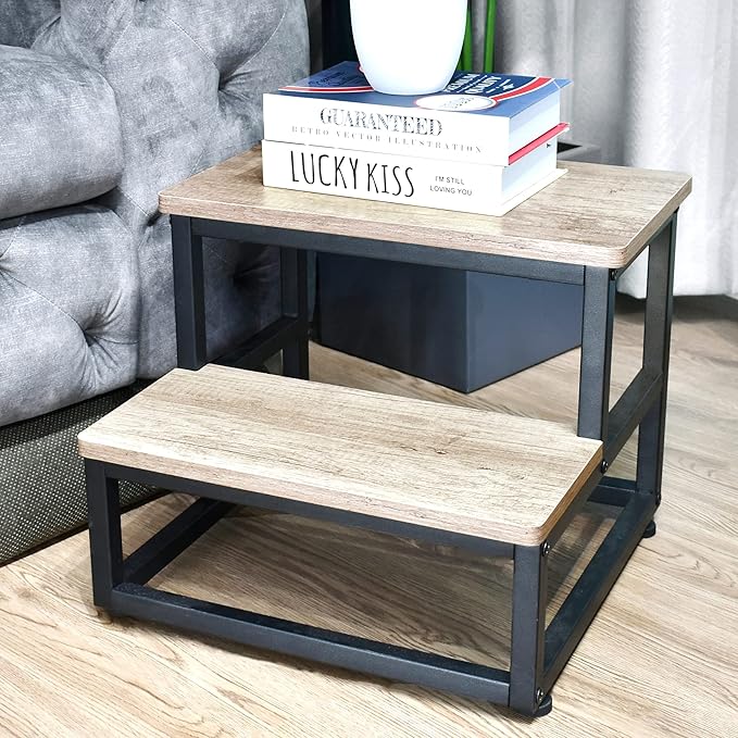 Step Stool, Wood and Metal Step for Adults Kids, Bedside Stepping Stool for High Bed with Round Corners, 2 Steps Foot Stool for Kitchen Bedroom, Load 500 LB, Beige
