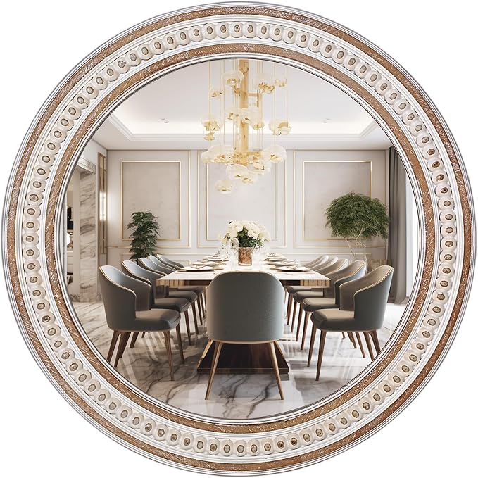 32'' Boho Wooden Large Round Wall Mirrors, Rustic Farmhouse Circle Mirrors Decorative Mirrors for Bathroom, Bedroom Over Sink, Living Room, Entryway