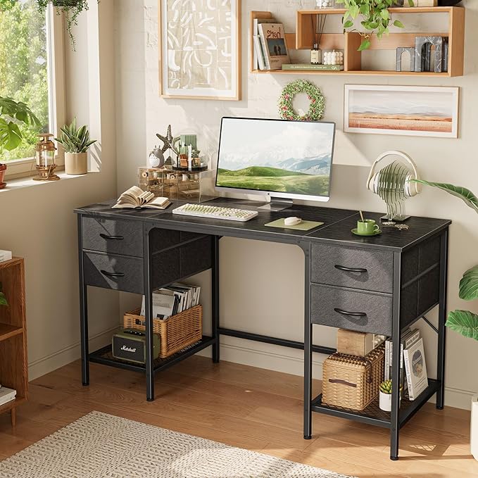 Huuger 55 Inch Computer Desk with 4 Drawers and Mesh Shelf, Gaming and Work Desk for Home Office, Study, Bedroom, Work from Home