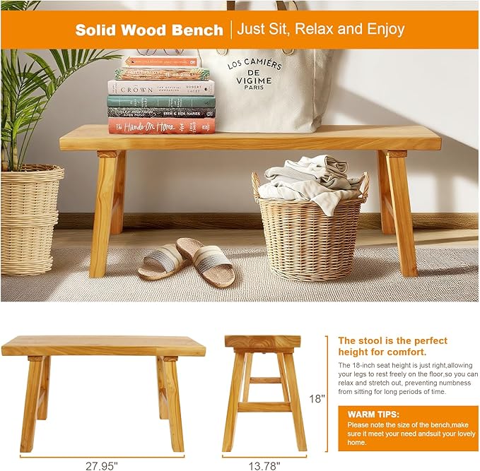 Farmhouse Solid Wood Bench: Long Rustic Indoor Narrow Wooden Bench for Entryway,Living Room, Dining Room,End of Bed,Hallway (20" Lx10 Wx18 H)