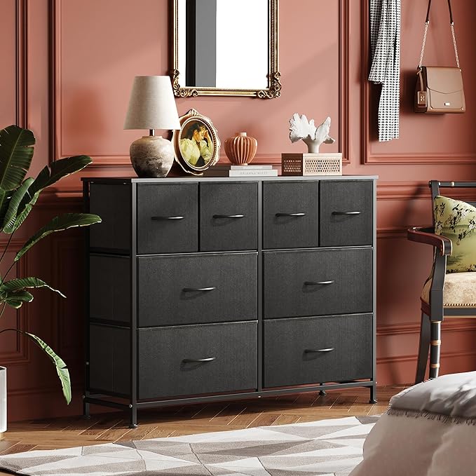 WLIVE Dresser for Bedroom with 8 Drawers, Wide Fabric Dresser for Storage and Organization, Bedroom Dressers, Chest of Drawers for Living Room, Closet, Hallway, Black