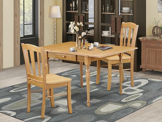 East West Furniture MZDL3-OAK-W 3 Piece Kitchen Table Set for Small Spaces Contains a Rectangle Dining Room Table with Dropleaf and 2 Dining Chairs, 36x54 Inch, Oak