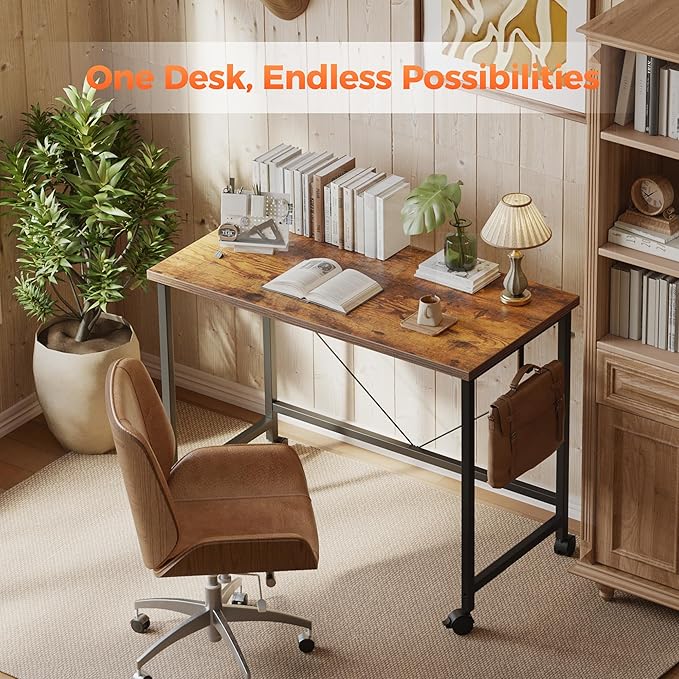 Rolling Computer Desk with Wheels, Gaming Desk for Small Spaces, Modern Simple Style Table for Home Office, Study Writing Table (Caster, Rustic Brown, 32 inch)