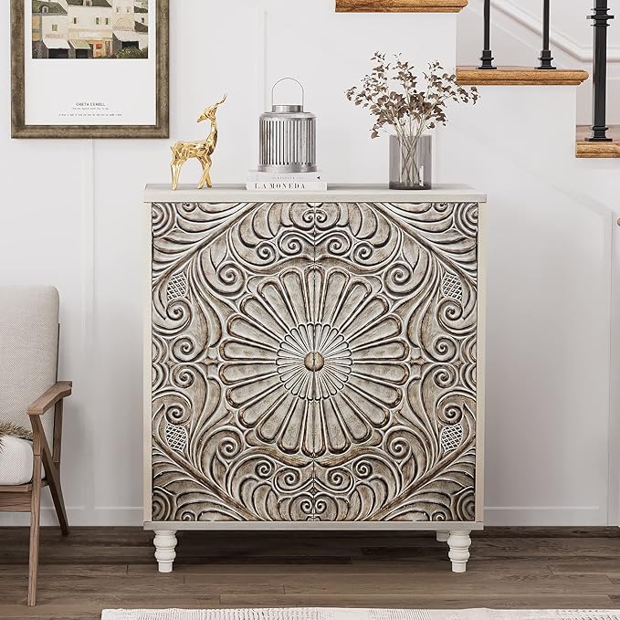 COSIEST Set of 2 32" Buffet Sideboard Cabinets with Storage, Accent Cabinet with Push-to-Open Doors, Vintage Flower Carved Pinewood Doors, Entryway Console for Living Room, Kitchen, Hallway, Gray
