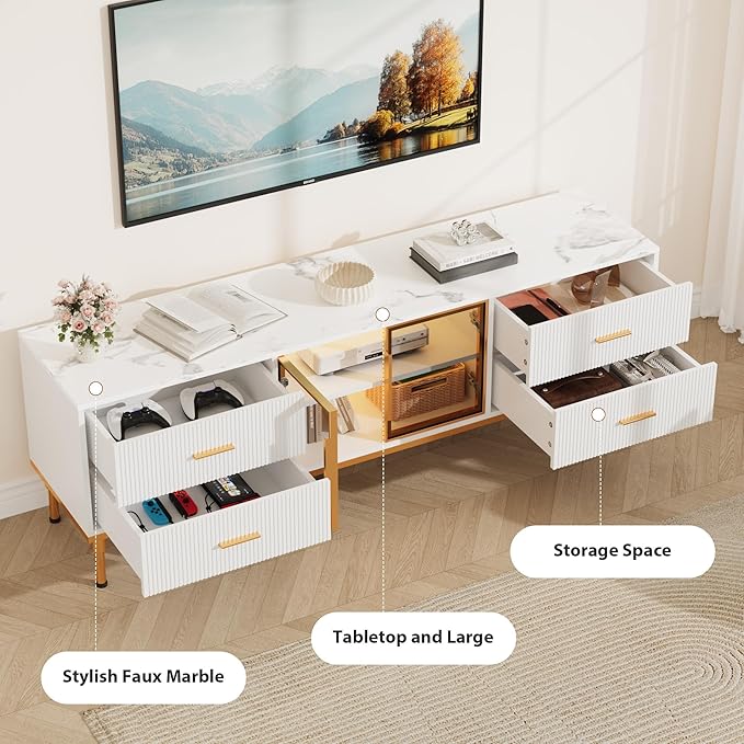 66" Fluted TV Stand with LED Light, Modern Entertainment Center for TVs Up to 75 Inch, Wood TV Media Console with Faux Marble Top, 4 Drawers, Glass Door for Living Room, White
