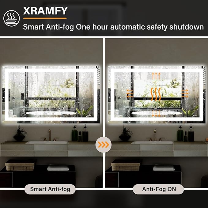 40"x 60"LED Bathroom Mirror, Backlit + Front Lit, LED Bathroom Mirror with Lights for Wall, 3 Colors, Anti-Fog, Dimmable Brightness, Memory Function, Tempered Glass