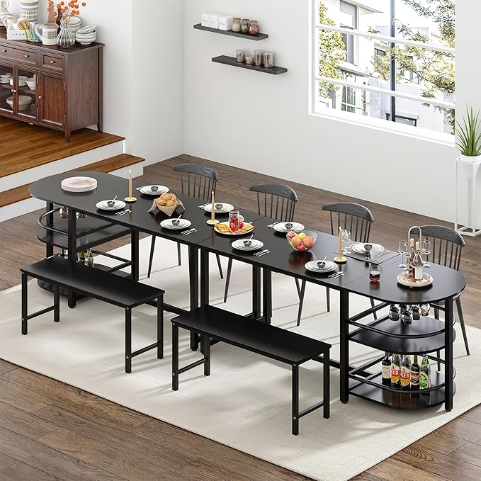 soges Dining Table for 4-6 Person, 71 inch Long Kitchen Dining Table for Living Room and Dining Room, Dinner Table with Storage Shelf & Cup Holder, Metal Legs(Only Table), Black