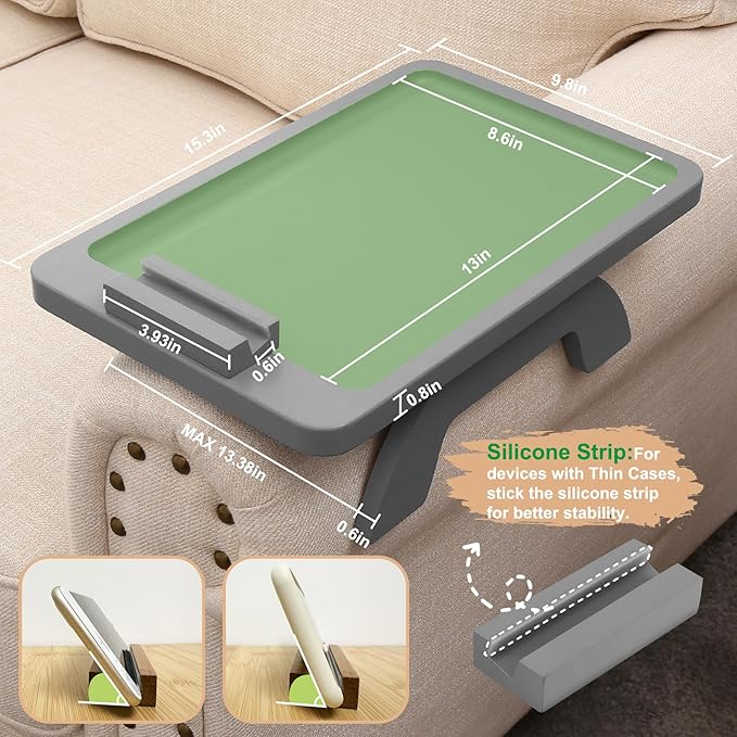 SINWANT Couch Armrest Table,Bamboo Couch Arm Table 360° Phone Holder,Foldable Sofa Arm Tray for Eating Drinking Snacks Remote on Chair Armrest