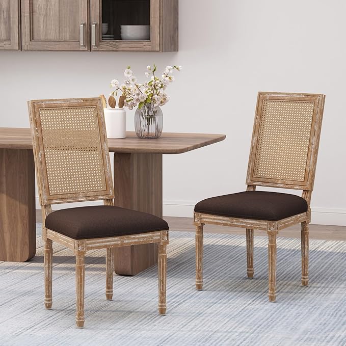 Merax Upholstered Solid Wood Dining Chairs Set of 2, French Country Style Accent Side Seating Furniture for Kitchen, Living Room, Wicker Back, Brown