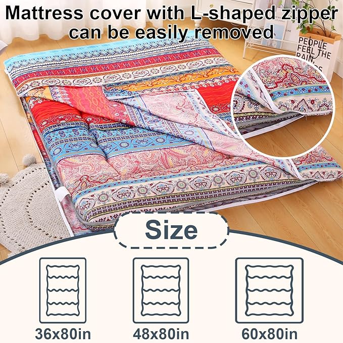 Bohemian Retro Japanese Floor Mattress, Vintage Floral Tatami Floor Mat, Portable Roll up Futon Mattress for Guest,Tavel (C,Full 80" X 47")