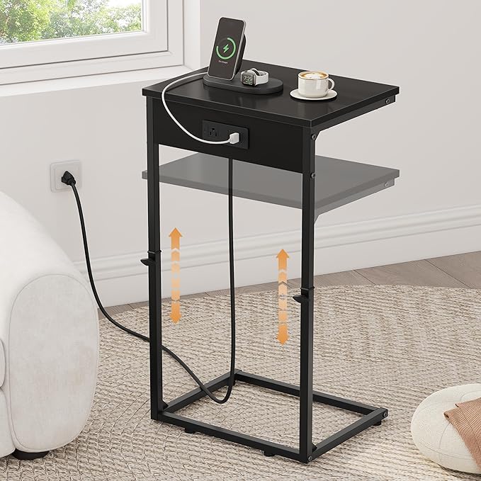 Vagusicc C Shaped End Table with Charging Station, Adjustable Height Side Table for Couch,Small Side Table Small Spaces, 33.2'' Tall Couch Tables that Slide Under, Tv Tray Table for Living Room, Black