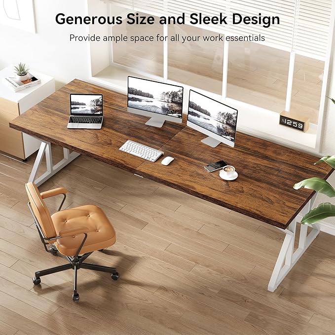 LITTLE TREE 78.7 Inch Large Executive Desk, Modern Computer Office Desk, Wooden Writing Desk Study Table for Home Office, Rustic Brown-White