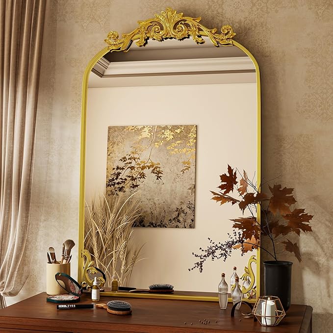 26x38 inch Vintage Arched Bathroom Mirror - Gorgeous Wall Vanity Mirror with Beautiful Retro Top and Bottom Engraving Process Frame for Entryway Hallway Living Room, Gold