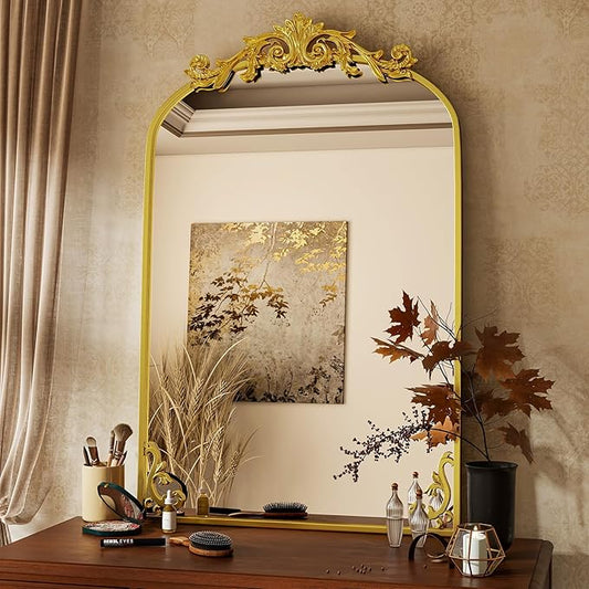 26x38 inch Vintage Arched Bathroom Mirror - Gorgeous Wall Vanity Mirror with Beautiful Retro Top and Bottom Engraving Process Frame for Entryway Hallway Living Room, Gold