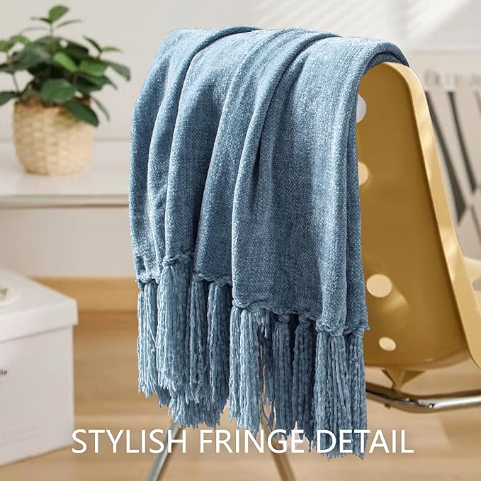 Chenille Throw Blanket for Couch 60"X 80" Twin, Soft Cozy Throws with Fringe Tassel for Bed Sofa Chair Cover, Lightweight Knitted Decorative Boho Blankets for Living Room, Dusty Blue