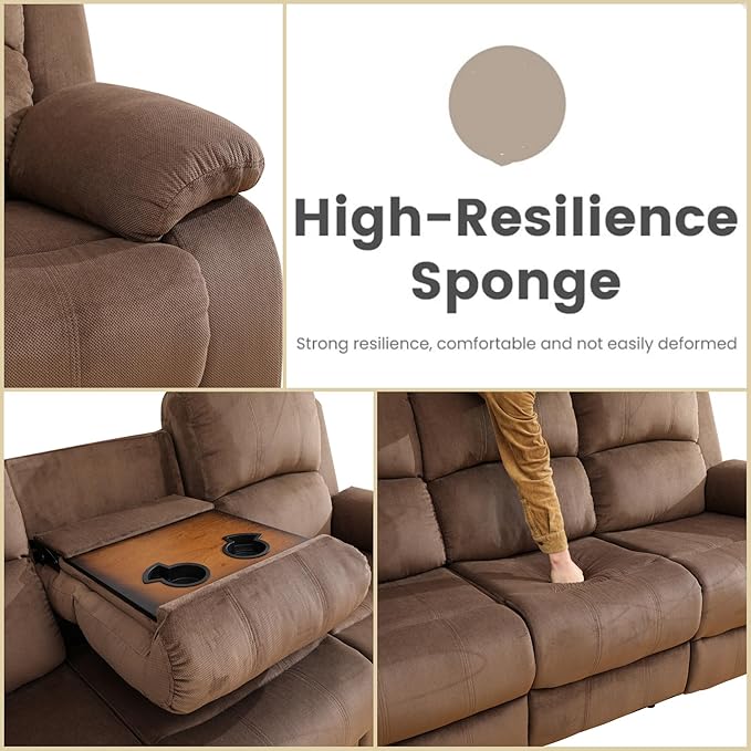 Recliner Sofa Couch, 3-Seater Home Theater Seating Reclining Sofa, Power Reclining Couch with Cup Holders & Drop Down Table for Living Room Furniture Sets, Brown