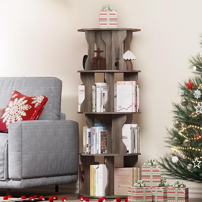 4 Tier Rotating Bookshelf, Spinning Bookshelf Tower Lazy Susan, Corner Revolving Storage Rack for Bedroom, Study Room, Kids Room, Living Room, Office, Gray