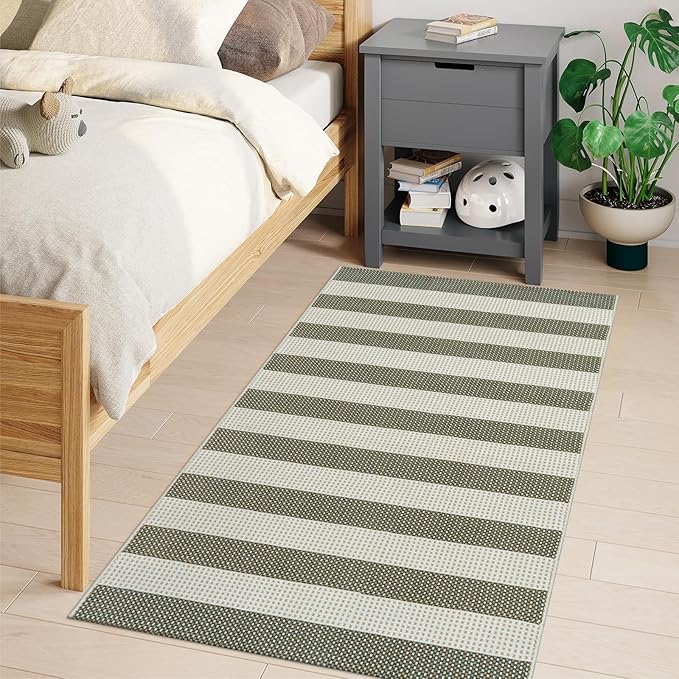 OJIA Outdoor Rug 3'x5', Washable Entryway Rugs Indoor Fall Front Door Mat Cotton Woven Checkered Front Door Rug Small Area Rug Halloween Doormat for Porch Kitchen Patio Bathroom (Green/White/Tan)