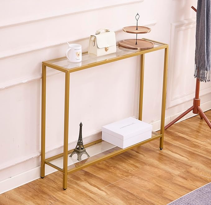 MAJARO Small Modern Console Table for Entryway, Tempered Glass with Metal Frame Sofa Table for Living Room, Hallway, Office (Double-Layer, Gold)