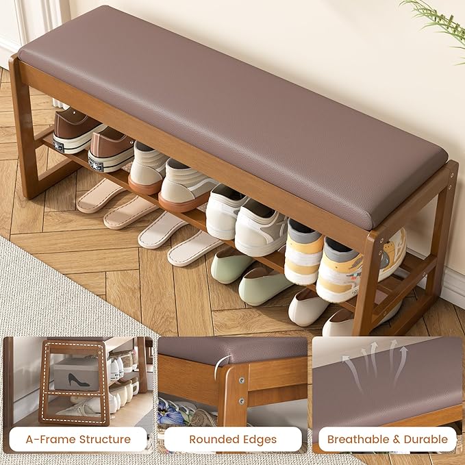 Shoe Storage Bench with Cushion - 2-Tier Shoe Rack Entryway Bench with Flip-Top Storage, Walnut Wooden Shoes Benches Organizer for Entryway, Hallway, Living Room, Bedroom, Closet(Walnut, 39.4" W)