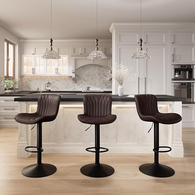 YOUNIKE Brown Bar Stools Set of 6 Modern Swivel Counter Height Bar Chair with Back Adjustable Kitchen Island Faux Leather Padded Barstools taburetes de bar Breakfast sillas para barra de cocina 6PCS