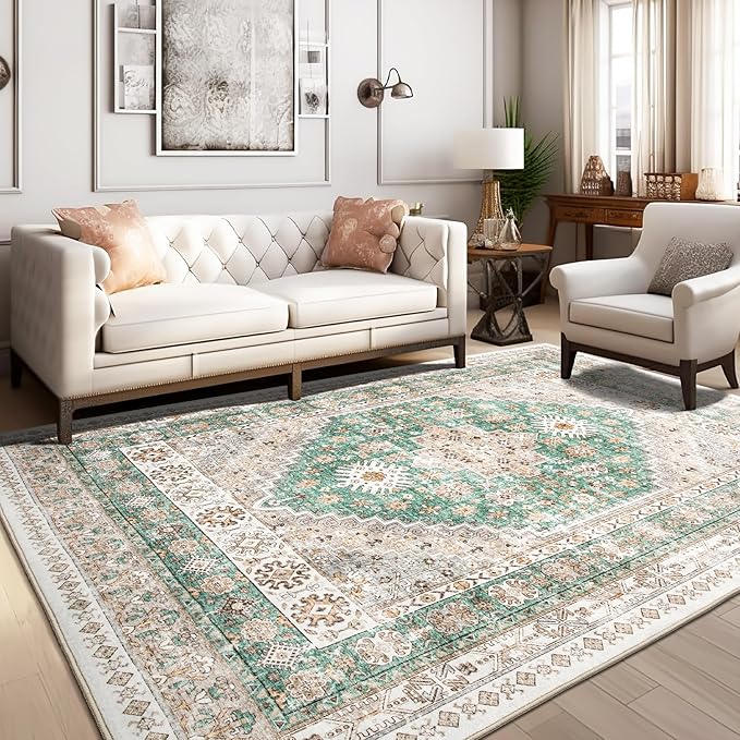 zesthome 6x9 Area Rug, Super Soft Washable Rugs for Living Room, Non-Slip Stain Resistant Vintage Rugs, Ultra-Thin Large Area Rugs (Green/Brown,6'x9')